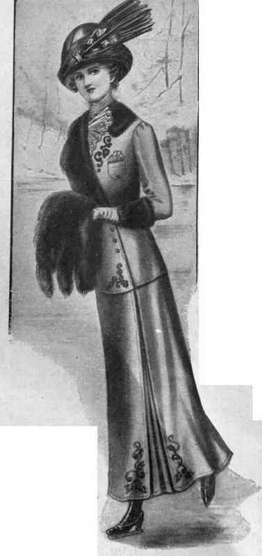 A winter costume which is both smart and sensible. The touches of braiding and the use of fur are additions which lend the costume its distinctive appear' ance