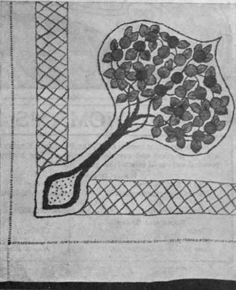 An original and artistic treatment of the conventionalised apple tree. This design would look well on each corner of an afternoon tsaclo:h