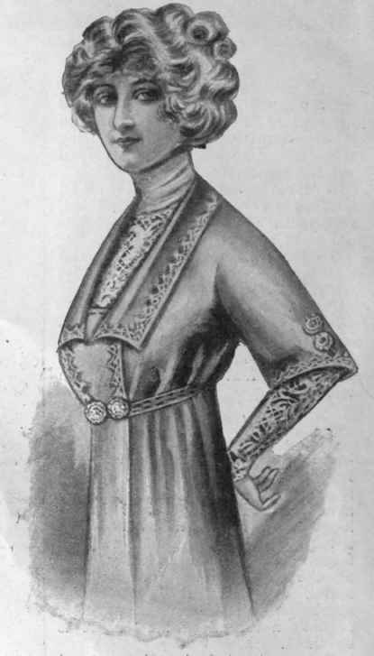 Blouse or dress bodice trimmed with gold and copper lace. The under sleeves and vest may also be made in this pretty work