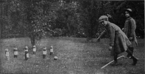 Bottle Ninepins. This is an excellent game for a small garden. Only a dozen stone ginger beer bottles and adhesive labels and broad white tape are required