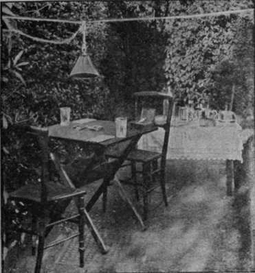 By using an additional length of electric light cord connected with the indoor switch it is quite easy to sling a light over a table in the garden for after dinner bridge