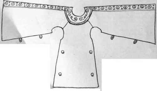 Diagram showing the pattern of the wrap. The back and fronts are joined only on the shoulders and are fastened together under the arms by buttons and loops
