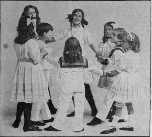 Figure 3. Ladies to the centre. After the gentlemen have formed a ring behind them, the ladies curtsey, rise outside their partners, and, placing their hands upon the gentlemen's wrists, gallop once round
