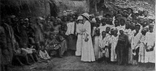 Lady missionaries addressing a tribe of African natives. There is a great opening for women's work amongst the natives of Africa, and the progress of Christianity, especially in Uganda, is both rapid and satisfactory