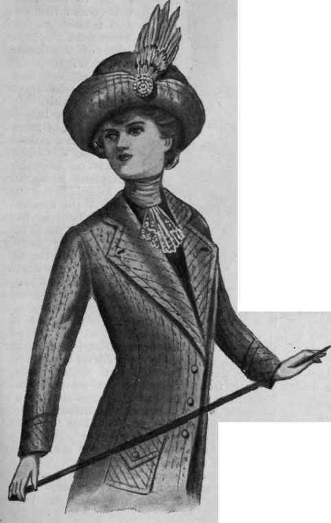 The coat worn open, showing a pretty lace jabot,which gives a lighter effect to the costume
