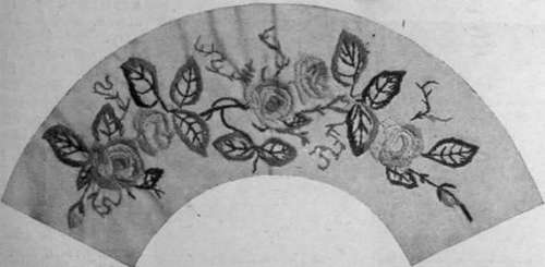 The rose design worked on the candle shade and ready to be made up. The material is rose pink glace silk, and the design is carried out in silk filoselie