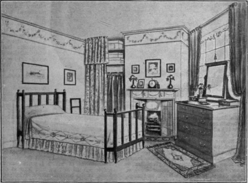 A bedroom in which space is utilised to the best advantage. Instead of a cumbrous suite, combination furniture is used, and a recess made to serve as a wardrobe and receptacle for boxes of garments not in wear