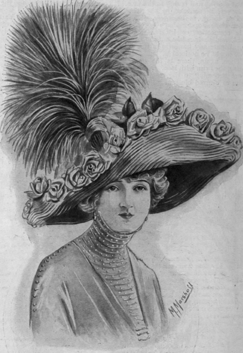 A daring but charming model for spring wear. Flowers of absolute fidelity to nature, combined with plumes or ostrich feathers characterise many of the most beautiful creations in spring millinery