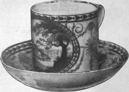 Cup and saucer of Pinxton porcelain, painted in colours and decorated with gilding. In medallions on the front of the cup and in the middle of the saucer are landscapes for the painting of which this factory was famous From the South Kensington Museum