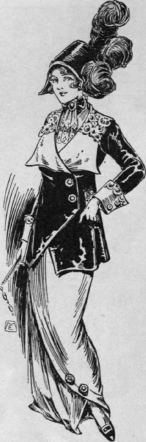 Directoire styles offer fascinating possibilities for spring wear. A ratine coat with white revers, and a skirt draped and divided at one side are in this fashion