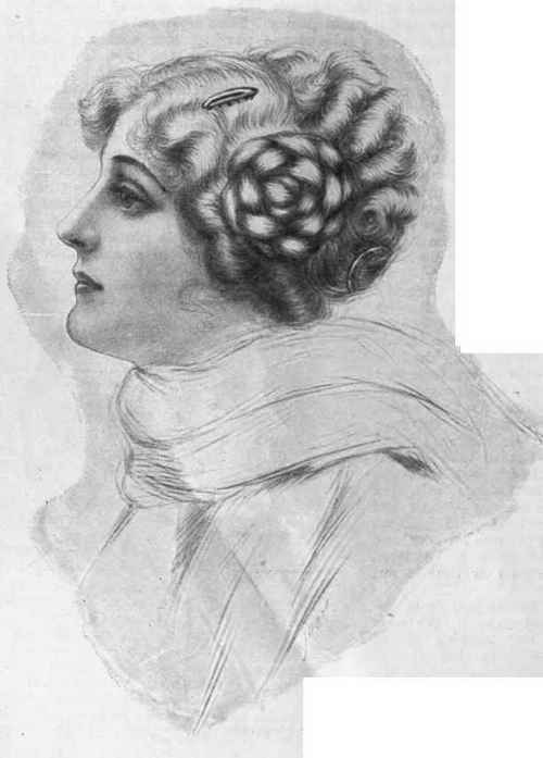 Fig. 4. Coiffure a la Nattelina. A delightful arrangement of the hair to suit many faces. Although not fluffy, softness is given by the waved hair at front and sides Designs by David Nicol, 50, Haymarket, S.w.