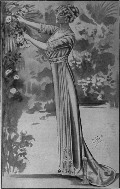 Garnitures in applique velvet are particularly lovely on evening gowns. A charming waist belt and side panel are shown in the sketch above