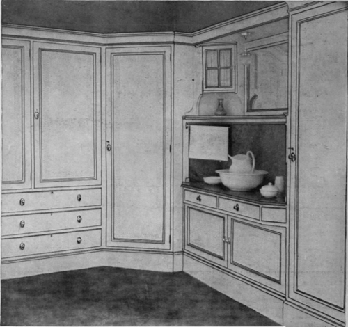 How a corner in a bedroom may be utilised to the utmost advantage by means of a fitment wardrobe, cupboards, and washstand.