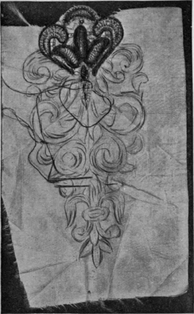 Motif in process of working, showing traced pattern and the embroidery commenced