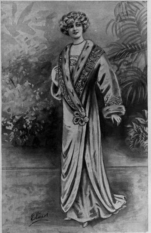 Plain satin evening coat, trimmed with ermine and wide Oriental embroidery. The sleeves are large, to allow the coat to be slipped over the gown without crushing it