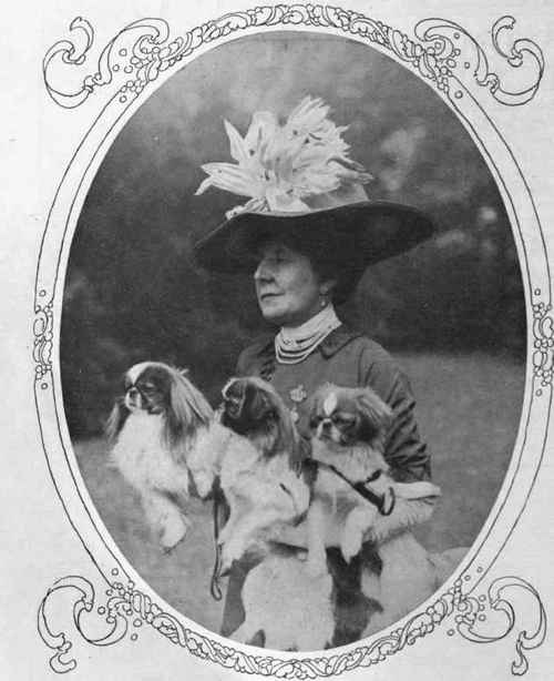 Princess Toussoun with her famous prize winning team of Pekingese. These beautiful and costly little dogs, with their Oriental dignity and supercilious expression, are the canine darlings of the fashionable world. Their colours are varied and beautiful and their size small