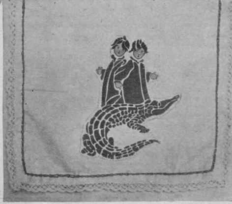 The children listen for the ticking of the clock which the crocodile has swallowed. They ornament a duchesse mat for a girl's dressing table