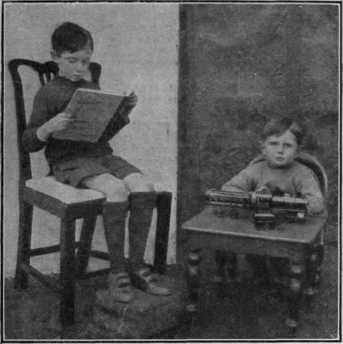 The correct position for reading, the back supported and the feet on a stool. A small child should be given a low table on which to put his toys, with a chair to correspond in height