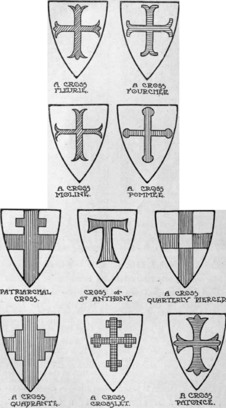 The cross in its multifarious forms, as seen above, is one of the commonest charges upon heraldic shields. Crosses, as a rule, do not occur singly, but are duplicated or sown upon the coat