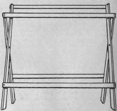 The wooden frame for the workbasket. This consists of eight pieces of wood put together after the manner of a camp stool.