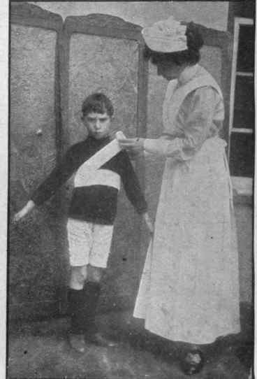 To bandage the breast first take two turns round the waist, then carry the bandage over the shoulder