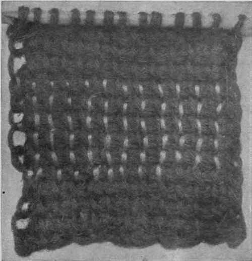 Tricot or idiot â– stitch, showing the method of working in wool and silk