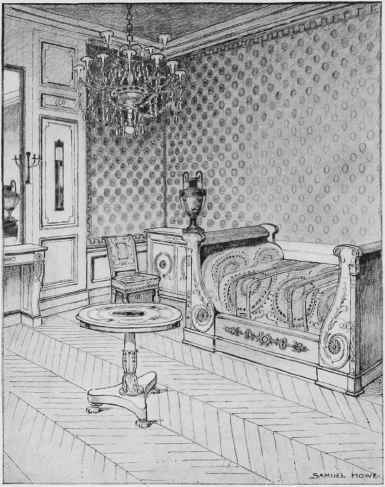 The bed, wall covering, cabinet, table, and.