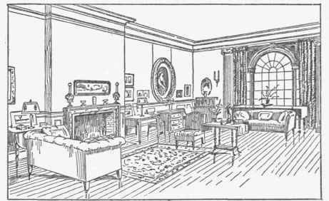 In this room the fireplace, the large window with its curved top, supporting pilasters and heavy hangings.
