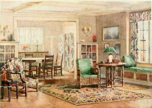 A BUNGALOW LIVING ROOM AND DINING ROOM WITH BUFF WALLS AND FLOORS OF BROWN JASPÈ LINOLEUM.