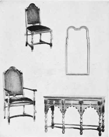 LATE JACOBEAN CONSOLE AND CHAIRS, QUEEN ANNE MIRROR.