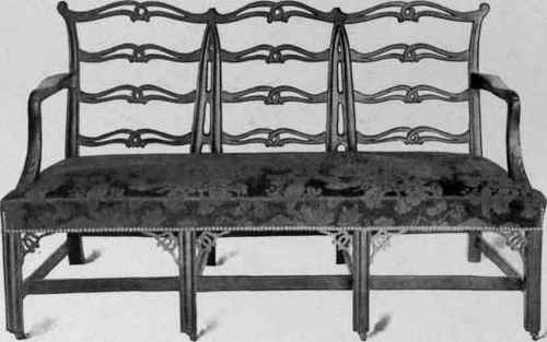 Settee with three ladder back chair backs, about 1770.