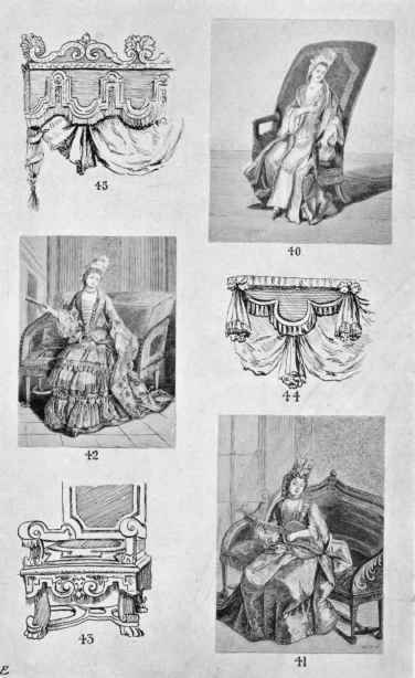 Figs. 40, 41 and 42.   Sophas. Fig. 43   Lower part of Chair, by Marot.