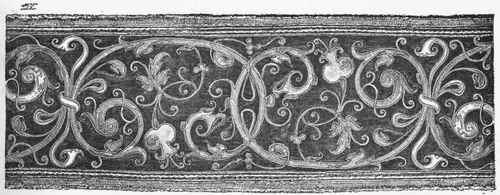 Band of blue velvet decorated with arabesques in application. Italian work of the Sixteenth Century. (Collection of 51. Arondel.)