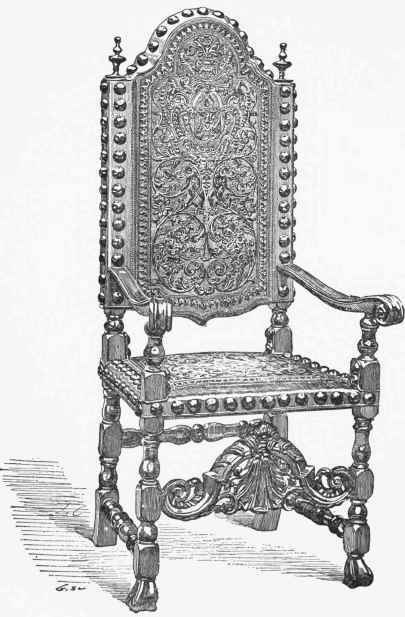 Chair decorated with gauffered leather; beginning of the seventeenth century. (Baron des Valliere's Collection.)