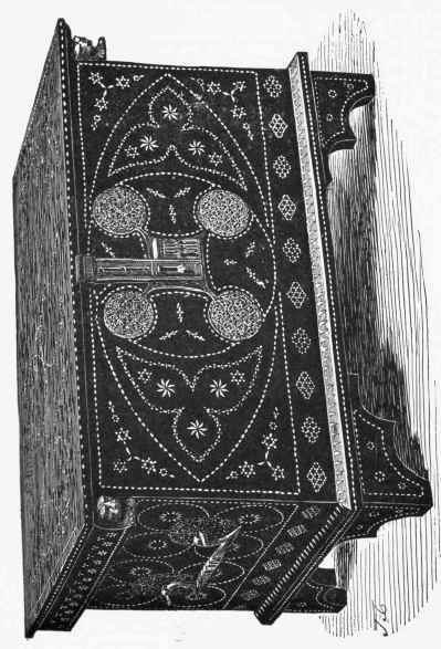 Chest in tarsia, with handles and fastenings of forged iron; Sicilian work of the Fifteenth Century. (Collection of M. Barbet de Jouy.)