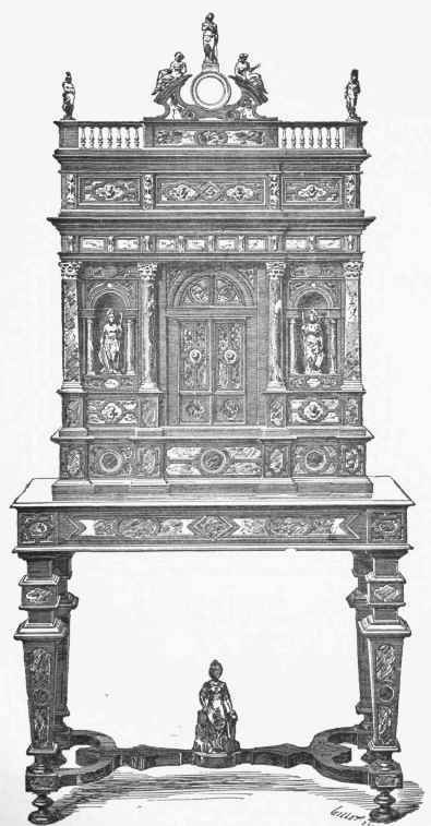 Ebony cabinet with stone mosaics. Italian work of the Seventeenth Century (Florence.)