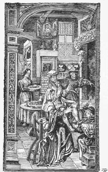 Flemish tapestry, interior representing the furniture and costumes of the period of Louis XII, (Collection of M. Orville.)