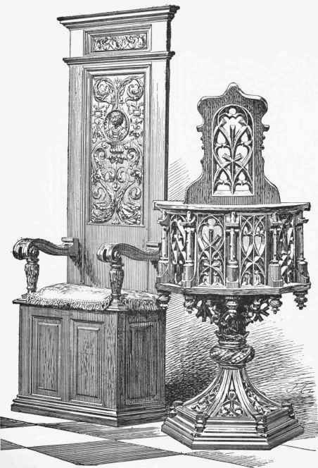 High backed Chair of Walnut of the reign of Francis I. (Collection of M. A. Moreau.) Semi circular Revolving Chair, painted, gilt, and varnished, German workmanship of the Fifteenth Century. (Collection of M. Recappe)