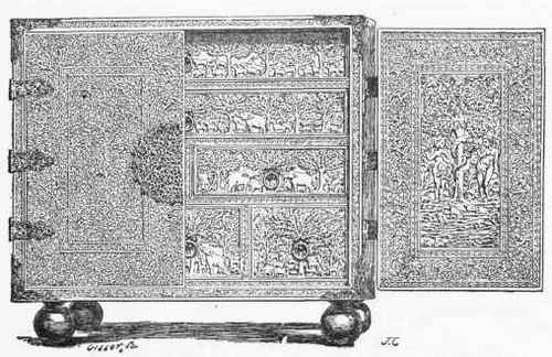Ivory cabinet with chased gold mountings; Indian work. (Former Sauvageot Collection, Louvre.)