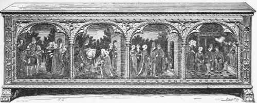 Marriage coffer or cassone ornamented with gilded reliefs and paintings; Italian work of the Fifteenth Century. [Collection of H. M. Cernusehi.)
