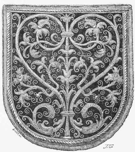 Red velvet hunting' hood, with nn ornament embroidered in gold. Sixteenth Century. (Collection of M. Ephruesi.)