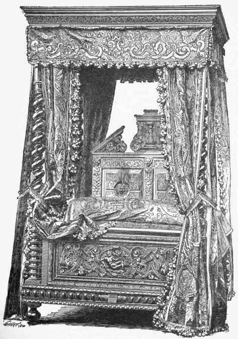 State Bed of oak, period of Louis XIII. Valance and Counterpane of Silk, with applique work and braiding. Curtains of Brussels Tapestry. (Collection of M. A. Moreau.)