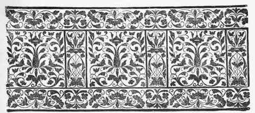 White Satin Bod Furniture embroidered in application of Cherry coloured Velvet. (Collection of M. A. Queyroy.)