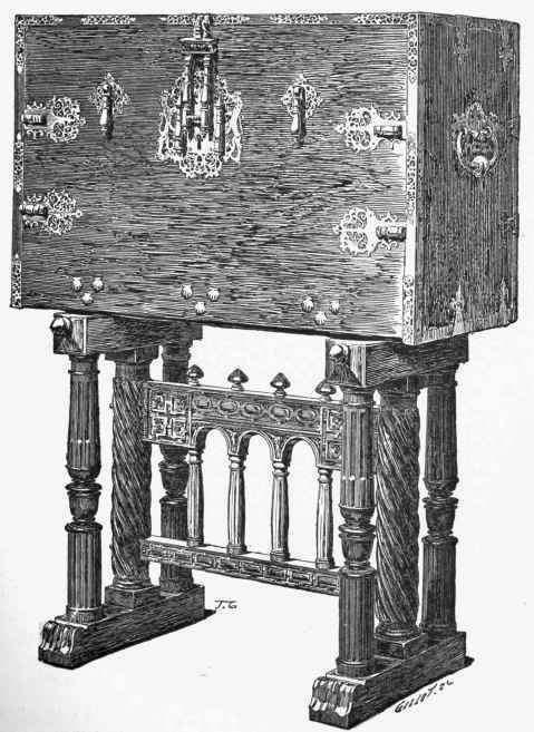 Wooden coffer with fittings of pierced wood and central falling panel; Spanish work of the Seventeenth Century (Collection of M. Monbrison.)