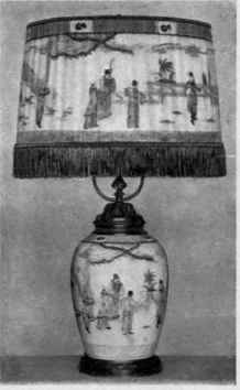 4. Shade, painted silk; base, Chinese porcelain, with bronze mountings, $ 85.