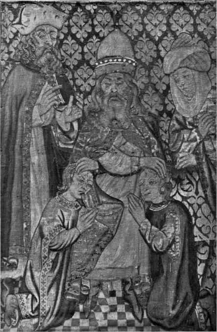 Jacob blessing two children. Part of the Gothic Seven Sacraments tapestry at the Metropolitan Museum, New York.