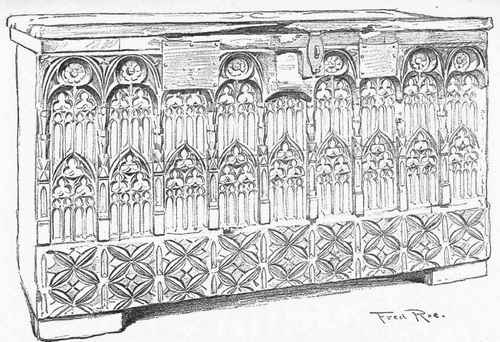 FOURTEENTH CENTURY COFFER IN FAVERSHAM CHURCH, KENT. One of the earliest buttressed coffers remaining in England