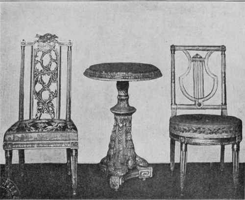 CHAIRS AND TABLE OF LOUIS XVI STYLE.