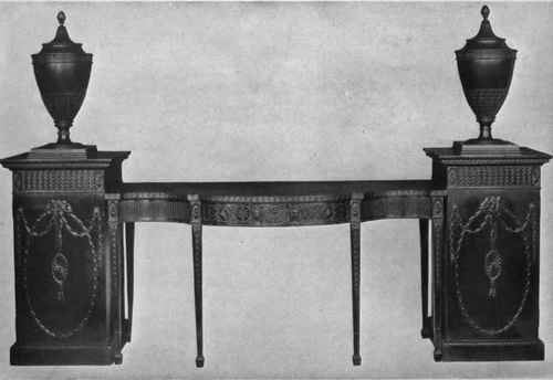 ADAM SIDEBOARD TABLE WITH PEDESTALS AND KNIFE URNS.