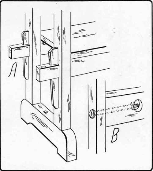 Fig. 6. A, Mortise and tenon construction in frame of bench; B, Draw bolt construction.